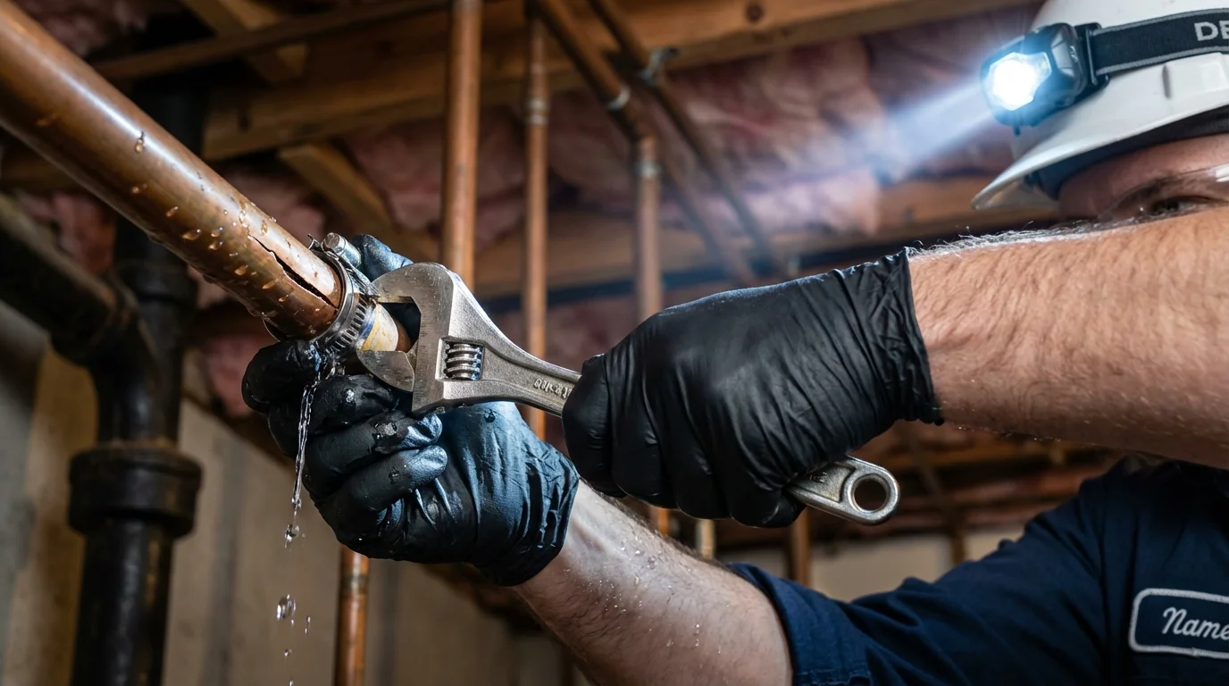Emergency pipe clamp repair being performed by a Johns Plumbing LLC plumber in Wyncote
